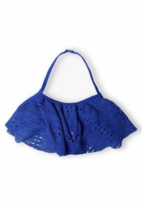 Blue crochet bikini top with a textured design, featuring a flared shape and adjustable straps. Open patterns throughout enhance breathability.