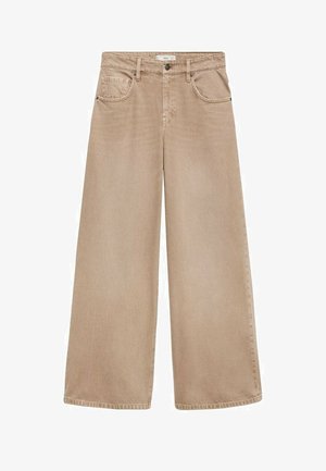 Beige wijde jeans met een hoge taille, voorzien van vijf zakken, knoopsluiting, riemlussen en een soepele denimtextuur.