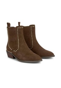 Braune Wildleder-Ankle-Boots mit spitzen Zehen, die vertikale Rippungen und metallische Nietenakzente an den Seiten aufweisen. Niedrige Blockabsätze.
