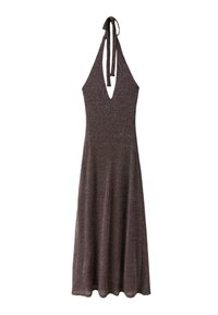Robe à col halter en maille marron foncé sans manches avec un décolleté plongeant en V et une longue jupe fluide, nouée au cou.