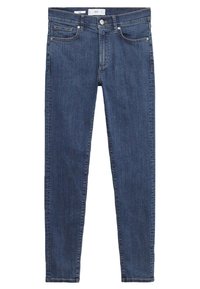 Jeans ajustados de denim en color azul oscuro. Presentan cinco bolsillos con remaches de metal, cierre frontal con botón y corte recto.