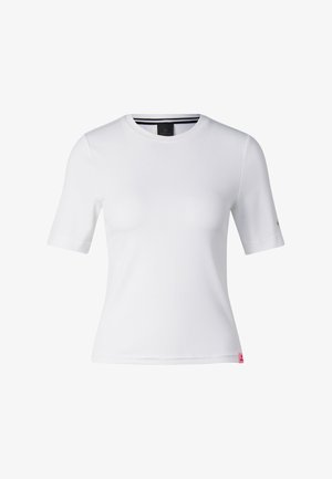 White short-sleeve ribbed crewneck t-shirt with a small pink tag at the bottom right hem.