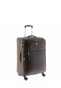 Valigia marrone con ruote, superficie strutturata, manico superiore, tasca frontale con cerniera incassata e quattro ruote girevoli nere per la mobilità.