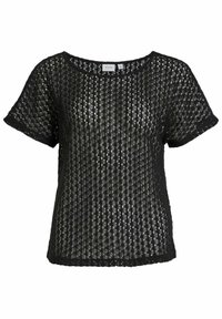 Top negro de punto de manga corta con una textura abierta y estampada y un escote ancho. Presenta un corte holgado y un dobladillo ligeramente curvado.