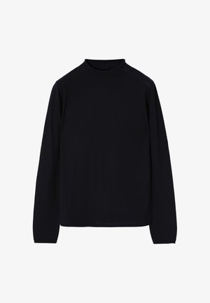 Čierny dlhý rukáv top vyrobený z jemného materiálu, ktorý má vysoký golier a voľný strih. Hladká textúra bez viditeľných vzorov alebo akcentov.