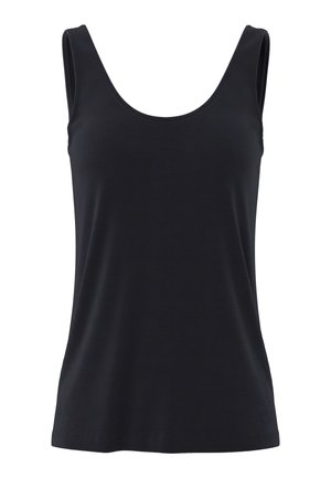 Schwarzes ärmelloses Tanktop mit Rundhalsausschnitt, tailliert, aus glattem, leichtem Stoff gefertigt.