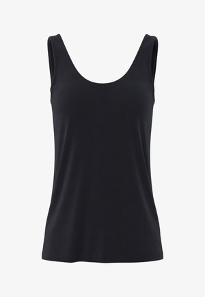 Schwarzes ärmelloses Tanktop mit Rundhalsausschnitt, tailliert, aus glattem, leichtem Stoff gefertigt.