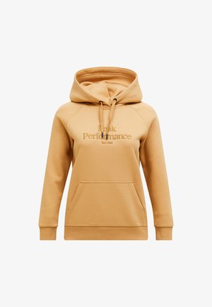 Senfgelber Hoodie mit Kängurutasche, verstellbarem Kapuzenzug und gesticktem Text "Peak Performance Est. 1986" auf der Vorderseite.