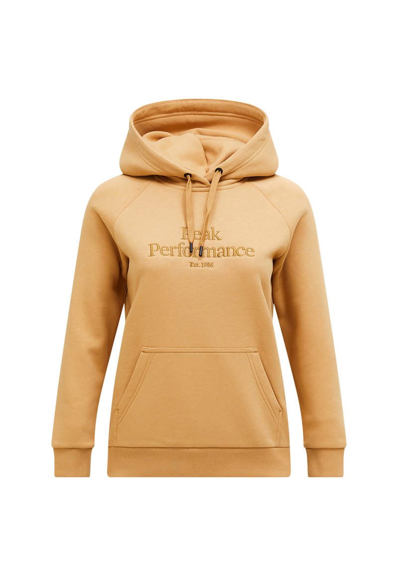 Sennepsfarvet hoodie med kengurulomme, snoretræk i hætten og broderet tekst "Peak Performance Est. 1986" på forsiden.