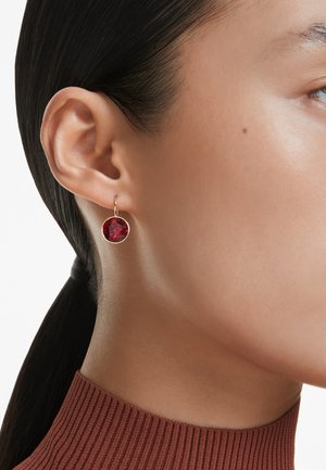 Goldene Creolen mit einem runden roten Edelstein. Der Edelstein ist facettiert, und das Design verfügt über einen glatten, runden Metallrahmen.