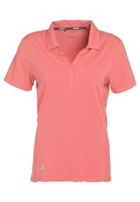 Korálové polo tričko, krátké rukávy, výstřih do V, lehký materiál, na levém dolním rohu s logem Adidas v bílé barvě. Jednoduché, bez vzorů.