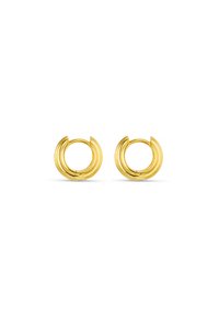 Boucles d'oreilles créoles en ton or avec une finition polie, présentant un design arrondi avec des courbes subtiles et une texture de surface lisse.