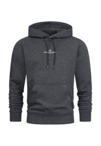 Felpa con cappuccio grigio scuro realizzata in tessuto morbido, dotata di una tasca frontale, stringhe sul cappuccio e un piccolo logo bianco sul petto.