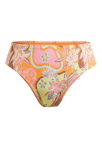 Bas de bikini floral en orange et rose, tissu texturé avec un motif vibrant. Design taille haute avec des accents floraux délicats.