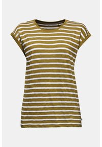 Camiseta de algodón de manga corta con rayas horizontales en verde oliva y blanco y un escote redondo sobre un fondo liso.