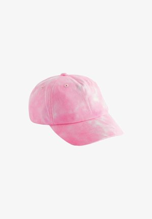Rosa Batik-Baseballkappe mit gebogenem Schirm, aus weichem Stoff gefertigt, mit Belüftungslöchern und einem Stoffriemen hinten.