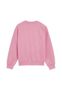 Roza dukserica s okruglim izrezom, dugim rukavima i elastičnim manžetama i rubom. Tkanina se čini mekom i lagano teksturiranom u jednobojnoj boji.