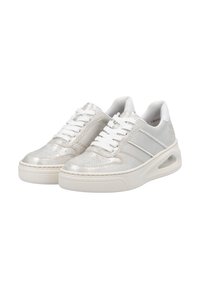 Metallic silver sneakers with white laces and accents. Rounded toe, padded collar, and air cushion in the sole. Smooth texture.