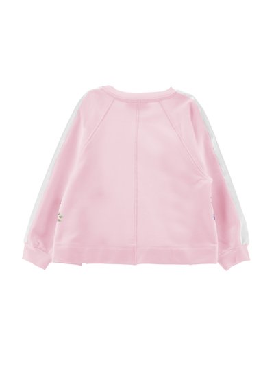 Roza dolg rokav pulover z belimi črtami na ramenih in rokavih, rebrastimi manšetami in subtilnim cvetličnim vezenjem na straneh, zadnji pogled.