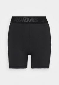 Czarne spodenki sportowe z szerokim elastycznym pasem, na którym znajduje się logo "ADIDAS". Gładki, elastyczny materiał, zakończone na wysokości połowy uda z płaskimi szwami.