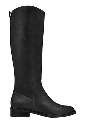 Schwarzer kniehoher Lederstiefel mit niedrigem gestapeltem Absatz, abgerundeter Spitze, seitlicher Naht und Zuglasche am hinteren Schaft.