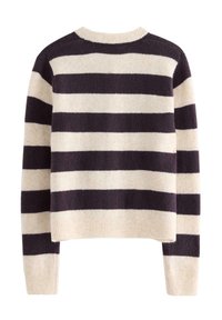 Strikket sweater med rund hals, der har skiftende tykke mørkeblå og cremefarvede striber, ribbestrikket kant og ærmer, blød tekstur.