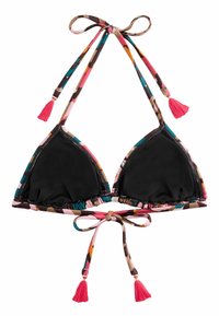 Top bikini triangolo nero con bordatura e lacci a motivi multicolori, caratterizzato da frange rosa sulle cinghie del collo e della schiena.