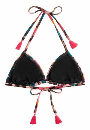 Top bikini triangolo nero con bordatura e lacci a motivi multicolori, caratterizzato da frange rosa sulle cinghie del collo e della schiena.
