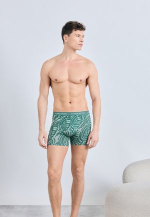 Jeune homme debout torse nu portant des caleçons verts à motifs, regardant sur le côté sur un fond clair uni.