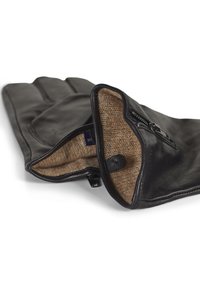 Sorte lærhanske med glidelås og myk, teksturert beige fôr. Yttersiden har en glatt overflate med definerte fingerseksjoner.