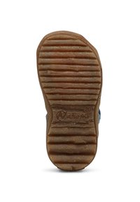 Shoe sole med ett brunt gummimaterial, med horisontella ribbor för grepp, rundad form och ett logotypavtryck nära hälen.