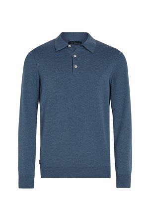 Blaues Poloshirt mit langen Ärmeln, drei Knöpfen sowie gerippten Bündchen und Saum, mit der Aufschrift "MR MARVIS" im Innenkragen.