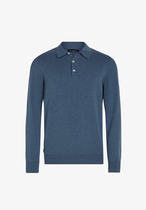 Blaues Poloshirt mit langen Ärmeln, drei Knöpfen sowie gerippten Bündchen und Saum, mit der Aufschrift "MR MARVIS" im Innenkragen.