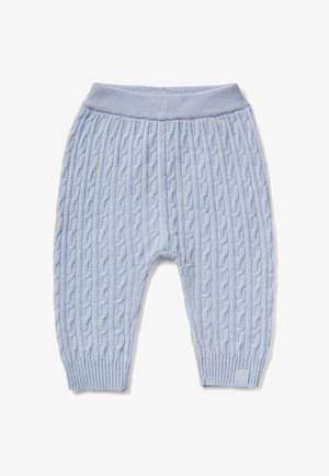 Lichtblauwe gebreide babypantalon met een kabelpatroon, voorzien van een geribbelde tailleband en boorden. Gemaakt van zachte, gestructureerde stof.