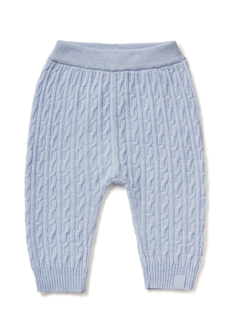 Lichtblauwe gebreide babypantalon met een kabelpatroon, voorzien van een geribbelde tailleband en boorden. Gemaakt van zachte, gestructureerde stof.