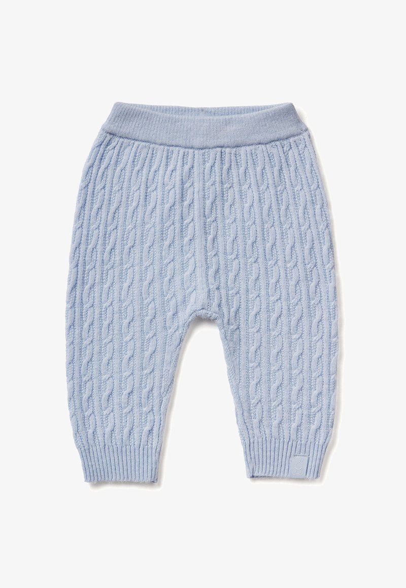 Světle modré pletené kalhoty pro miminka s kabelovým vzorem, s nápletem v pase a na manžetách. Vyrobeny z jemné, strukturované tkaniny.