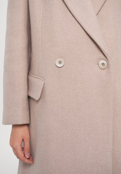 Close-up of a beige wool coat with two buttons, a pocket flap, and a hand visible near the coat's side.