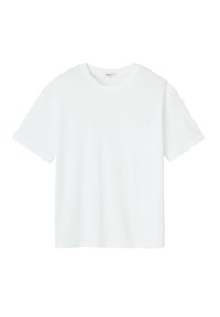 T-shirt blanc à manches courtes en coton doux. Col rond, coupe décontractée, texture lisse sans motifs ni graphiques. Lisse et léger.