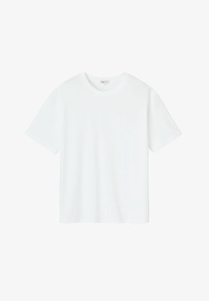 T-shirt blanc à manches courtes en coton doux. Col rond, coupe décontractée, texture lisse sans motifs ni graphiques. Lisse et léger.