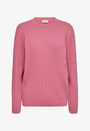 Roze gebreide trui met een geribbelde textuur, ronde hals en lange mouwen. Voorzien van subtiele kabelpatronen en bijpassende geribbelde manchetten en zoom.