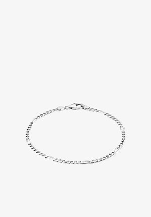 Pulsera de plata con un diseño de cadena trenzada, con eslabones ovalados y cierre de langosta. Superficie suave y brillo reflectante.