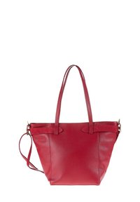 Rode leren totebag met dubbele handvatten, een afneembare schouderriem en een textuurafwerking. Beschikt over minimale hardware en een gestructureerde vorm.
