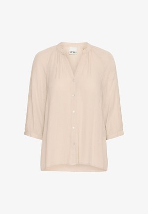 Light beige blouse with a V-neck and button front. Features three-quarter sleeves, gathered detailing, and a slightly loose fit. Soft, textured fabric.