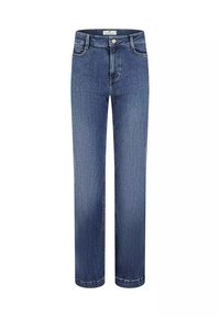 Niebieskie dżinsy proste z zamkiem błyskawicznym i guzikiem z przodu, szlufkami na pasek oraz pięcioma kieszeniami.