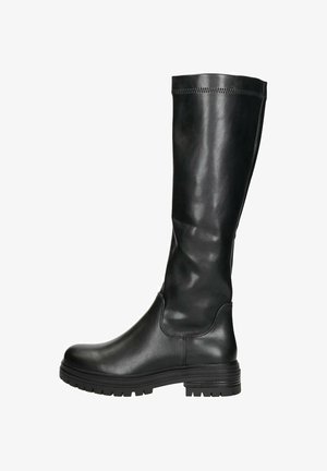 Knee-high black leather boots featuring a smooth texture, rounded toe, thick rubber sole, and visible stitching along the upper edge.