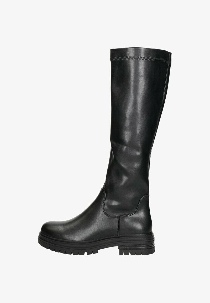 Zwarte leren laarzen tot aan de knie met een gladde textuur, ronde neus, dikke rubberen zool en zichtbare stiksels langs de bovenrand.
