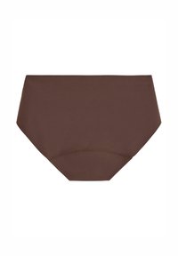Brune højderet bikini bund lavet af glat stof. Har et enkelt design uden mønstre og en sømløs finish.