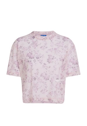 Korte mouwen, cropped t-shirt in zachtroze met een bloemmotief in lichtpaars, ronde halslijn en een ontspannen pasvorm. Glad stoftextuur.