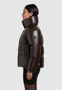 Brown glossy puffer jacket with high collar, short length, zippered pockets, and logo patch on the left sleeve. Vertical stitching detail.