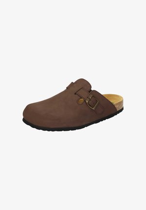 Brown leather clog with a rounded toe, adjustable buckle strap, cork footbed, and rubber outsole. Smooth texture with minimal detailing.
